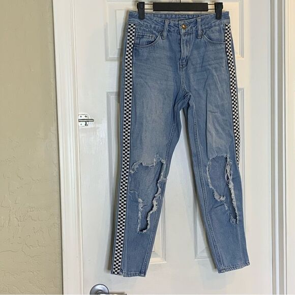 Empyre Eileen Mom Jeans Checkerboard Side Stripe Busted Knees Cropped Size 1 - Picture 3 of 9